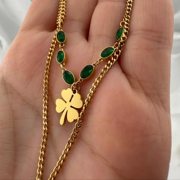 Anthropologie Stainless Steel Gold and Green Clover Necklace Set - Picture 5 of 6